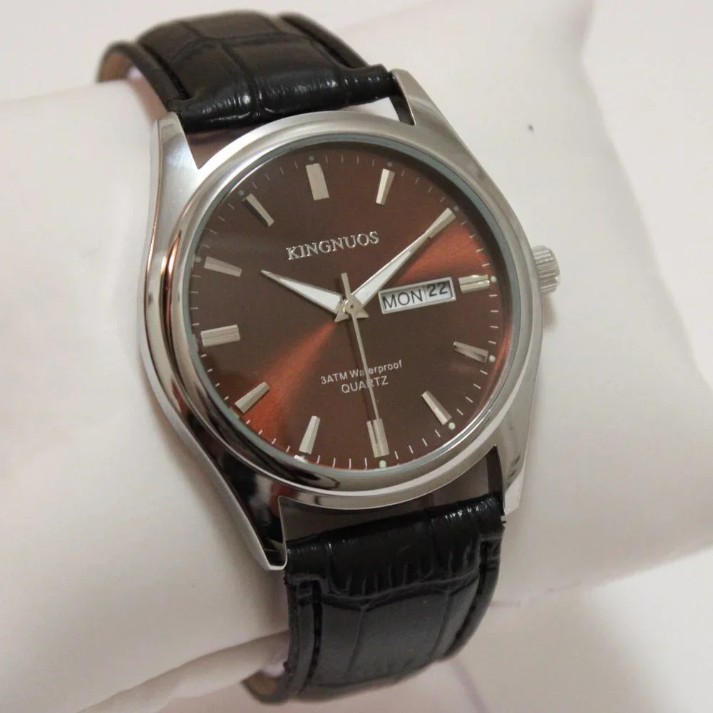 Men's Contemporary Dress Watch Silver Case Black Leather Watch Strap 40mm